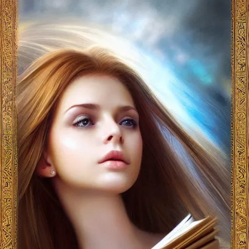 Image similar to a girl reading a book, hair flowing down, symmetric!, 8 k, hyperrealistic, hyperdetailed, fantasy portrait by laura sava