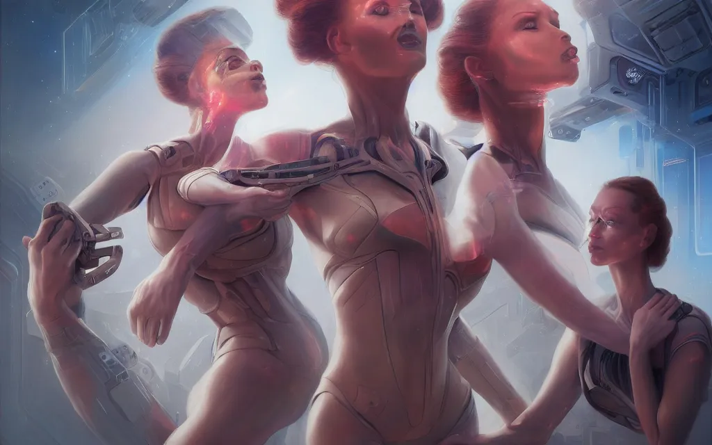 Image similar to Ladies, with detailed faces, in holograms of alien artifacts, electrical case display, total recall tech, , ultrarealistic, dramatic lighting, electrical details, high details, 4k, 8k, best, accurate, trending on artstation, artstation, photorealism, ultrarealistic, digital painting, style of Peter Mohrbacher, Caravaggio, Boris Vallejo