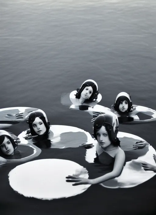 Prompt: realistic photo of a group of common girls in white tights, spherical black helmets, in a big pool filled with black mercury oil water, the sky is grey 2 0 0 0, life magazine photo,