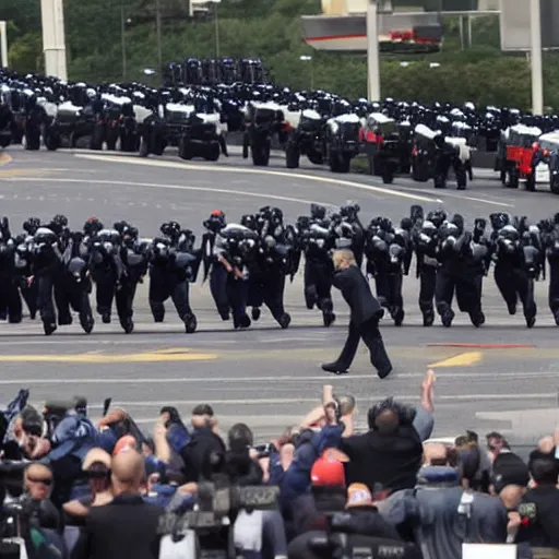 Image similar to donald trump running from policemen that are chasing him behind him, helicopters and explosions in the background