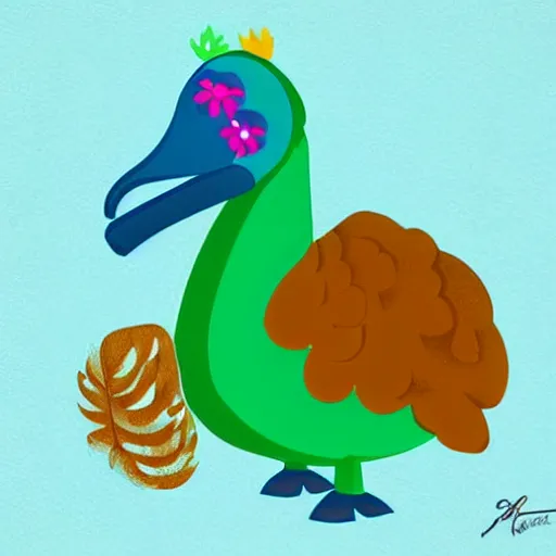 Image similar to cute digital illustration of an antropomorphic dodo bird. super cute. tropical. colorful.