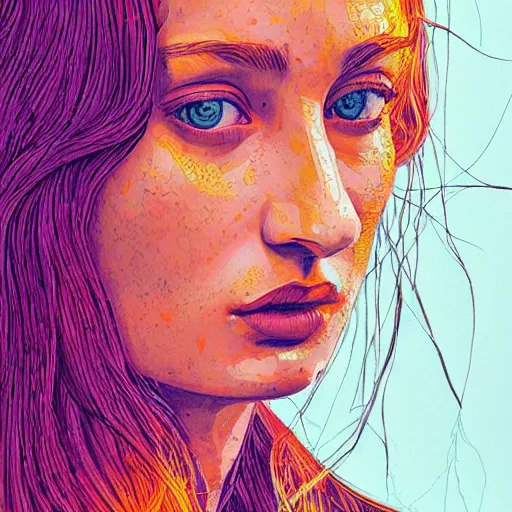 Image similar to sophie turner portrait in detail in block colour by james jean,