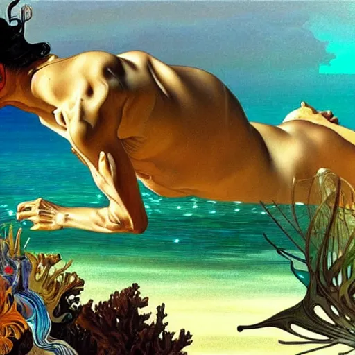 Prompt: salvador dali snorkeling in cap de ras, highly detailed, digital painting, artstation, sharp focus, illustration, art by tan zi and alphonse mucha