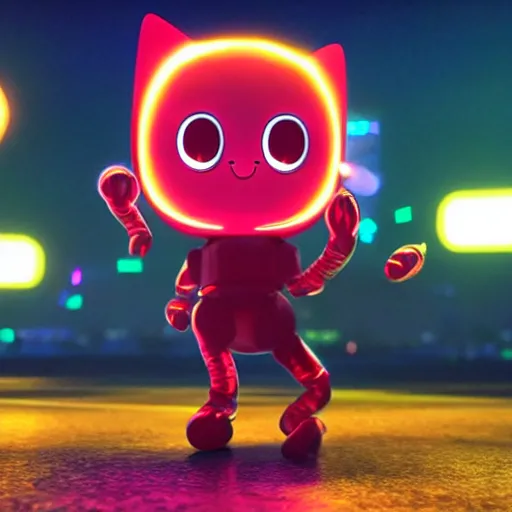 Image similar to promotional movie still wide - angle 3 0 m distance. nanorobots ( ( cat ) ) 1 million into the future ( 1 0 0 2 0 2 2 ad ). super cute and super deadly. nanorobots like disco music and dance - offs. cinematic lighting, dramatic lighting. octane 3 d, style saturday night fever