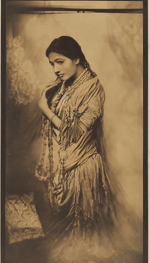 Prompt: vintage portrait photo of a beautiful beautifully lit nepalese Victorian woman with light coming from a side window by alphonse mucha and annie leibovitz