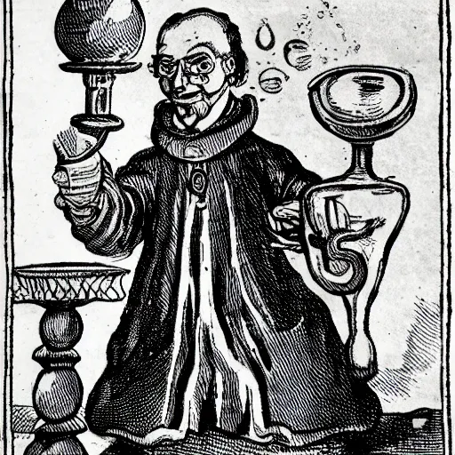 Prompt: a 17th-century alchemist who has 2 bubbling potion bottles :: black and white, head and torso drawing, very high quality, concept art