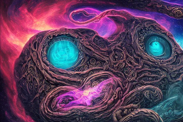 Image similar to a giant skull and flesh creature with deep and intricate rune carvings and glowing eyes and twisting lovecraftian tentacles emerging from a space nebula by dan mumford, twirling smoke trail, a twisting vortex of dying galaxies, digital art, photorealistic, vivid colors, highly detailed, intricate