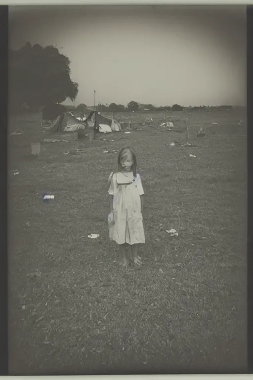 Image similar to photo polaroid of a sad and lonely child stands in the middle many tents of field hospitals, pandemic, covid,loneliness, black and white ,photorealistic, 35mm film,