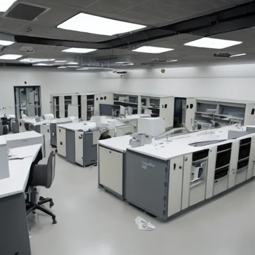 Image similar to a very modern laboratory after a failed experiment