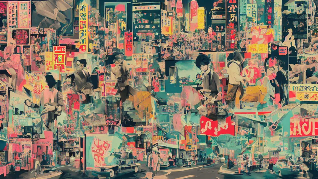 Prompt: pop culture mecca, japan, a collage painting, in the style of wes anderson, lola dupre, david hockney, isolated on negative white space background dark monochrome neon fluorescent spraypaint accents volumetric octane render