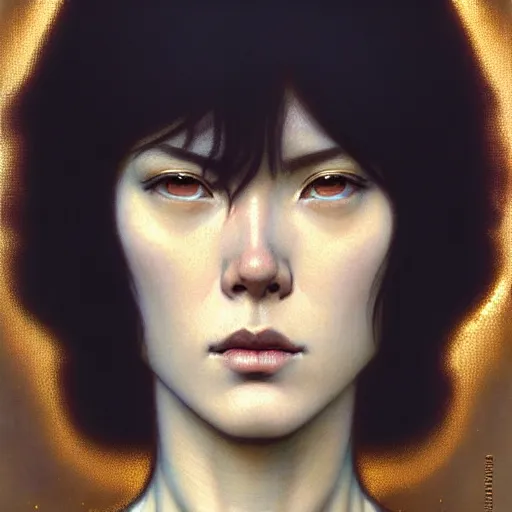 Image similar to Masterpiece head and shoulder portrait of Major Kusanagi from Ghost in the Shell drawn by Donato Giancola and Tom Bagshaw, face by Artgerm and Edmund Leighton, Alphonse Mucha, background by James Jean and Gustav Klimt, 4k, porcelain skin, komorebi, french nouveau, trending on artstation, octane render, hyperrealistic