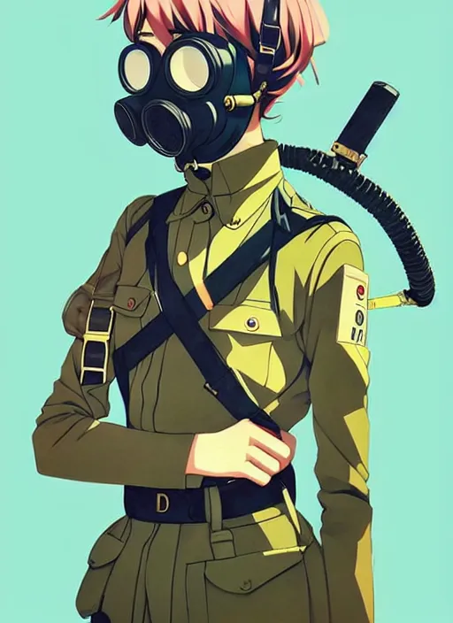 Prompt: singular girl with wearing ww 2 gas mask, ww 2 uniform, very anime!!! anime!! intricate details, aesthetically pleasing pastel colors, poster background, art by conrad roset and ilya kuvshinov