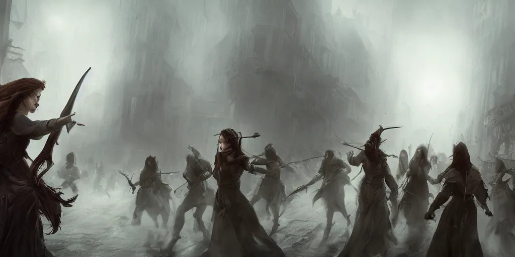 Image similar to cinematic, concept art, high fantasy matte painting, of a female bard and her adventuring party being chased through a medieval town by an angry crowd, foggy, depth of field, 8k, 35mm film grain, unreal engine 5 render dramatic, intricate, elegant, highly detailed, digital painting, artstation, concept art, smooth, sharp focus, illustration, octane render, art by Leesha Hannigan, Ross Tran, Thierry Doizon, Kai Carpenter, Ignacio Fernández Ríos