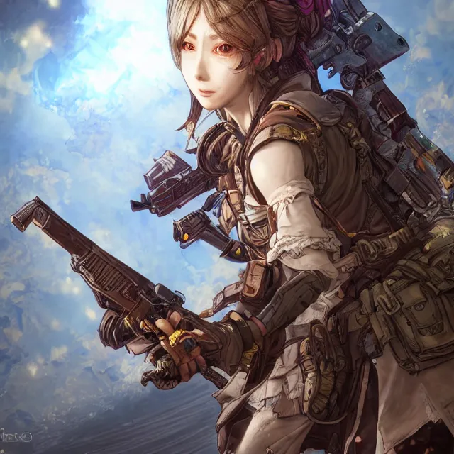 Image similar to the portrait of lawful neutral semi - colorful female infantry gunner as absurdly beautiful, gorgeous, elegant, young anime woman, an ultrafine hyperdetailed illustration by kim jung gi, irakli nadar, intricate linework, bright colors, octopath traveler, final fantasy, unreal engine 5 highly rendered, global illumination, radiant light, detailed and intricate environment