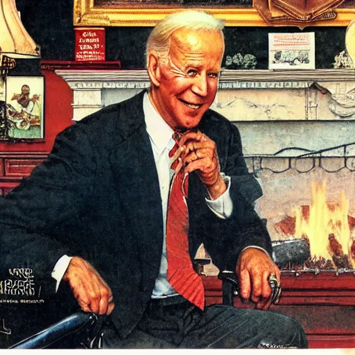 Image similar to a norman rockwell painting of the Joe Biden sitting in a chair, cozy fire, award winning,