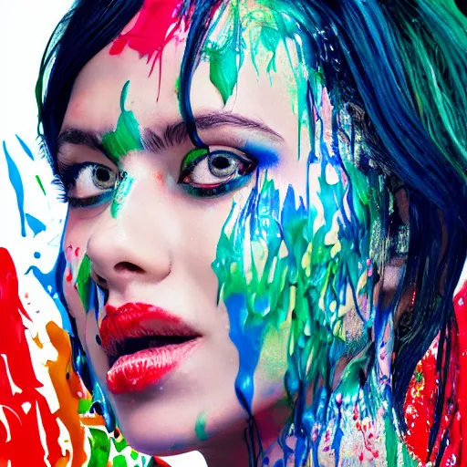 Image similar to potrait of a female model get splash with paint liquid , commercial ads