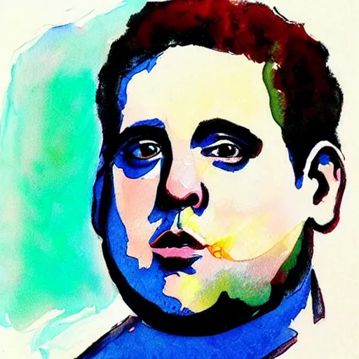 Image similar to jonah hill, stylized. Watercolor and ink. 1990s.