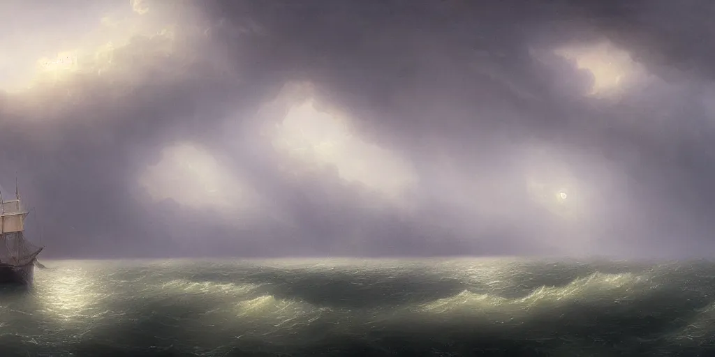 Image similar to A floating city, above an ocean, rainy, turmoil, storm, extremely detailed digital matte painting in the style of Ivan Aivazovsky