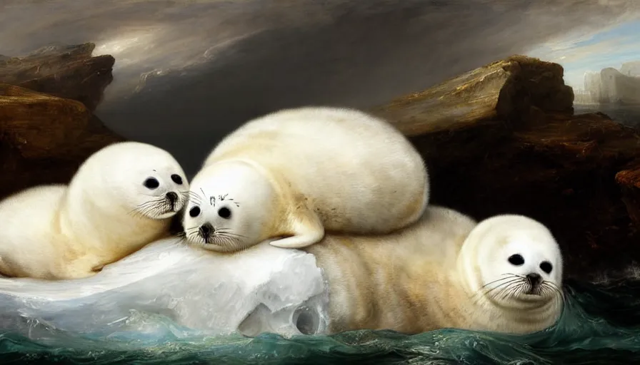 Image similar to highly detailed painting of cute furry white baby seals cuddling into each other on an iceberg by william turner, by greg rutkowski, by william constable, thick brush strokes and visible paint layers, 4 k resolution