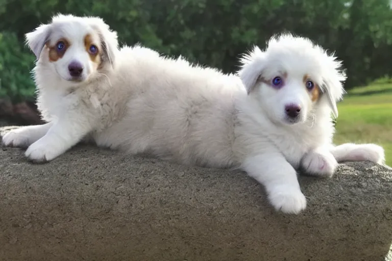 Prompt: white light beige australian shepherd sky luck dragon pupper, neverending story, finnegan, cinematic