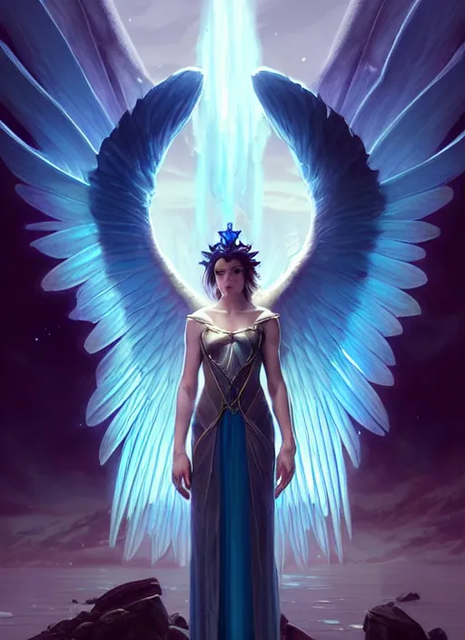 Image similar to a beautiful cinematic female archangel queen, fantasy sea landscape, fantasy magic, short aqua blue black fade hair, dark light night, intricate, elegant, sharp focus, illustration, highly detailed, digital painting, concept art, matte, art by WLOP and Artgerm and Greg Rutkowski and Alphonse Mucha, masterpiece