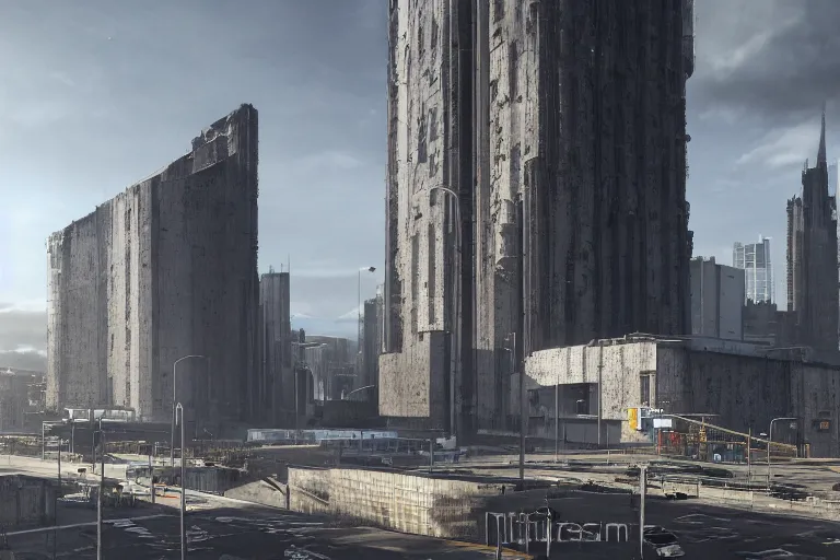 Image similar to streetscape, a towering cathedral of brutalist architecture, buildings covered with greebles, stunning volumetric light, sunset, metal, concrete and translucent material, stunning skies, majestic landscape, trending on Artstation, 8k, photorealistic, hyper detailed, unreal engine 5, IMAX quality, cinematic, epic lighting, in the style of Greg Rutkowski