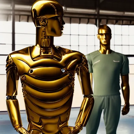 Image similar to a realistic detailed photo of a guy who is an attractive humanoid who is half robot and half humanoid, who is a male android, attractive and handsome soccer players, shiny skin, posing like a statue, blank stare, in a factory, on display, showing off his muscles, gold soccer shorts, side view, looking at each other mindlessly