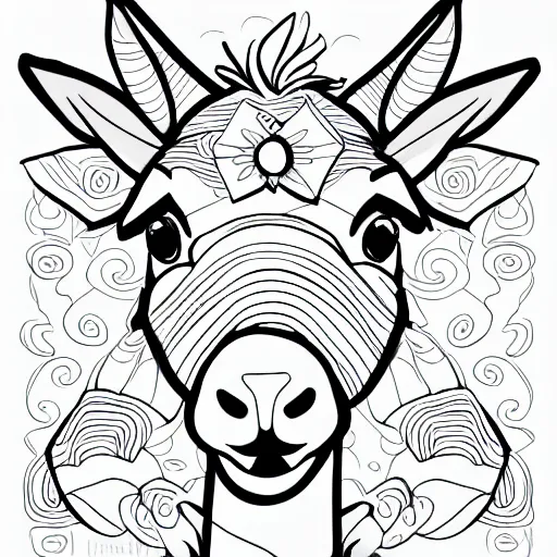 Prompt: cute cheerful donkey, colouring - in sheet, concept design, character art, sharp focus, highly detailed, artstation