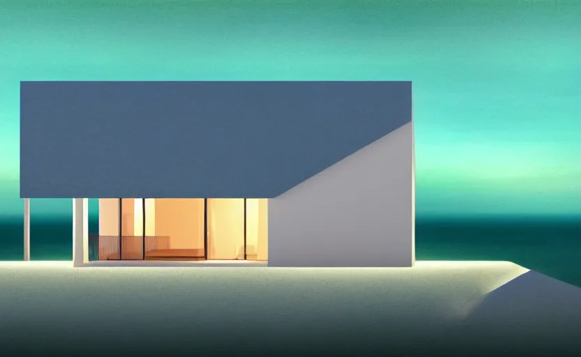 Prompt: one single stand alone huge hyperdetailed minimalist home, seen from the long distance, at night. by the sea. maximalist unexpected elements. free sky in plain natural warm tones. 8 x 1 6 k hd mixed media 3 d collage in the style of a childrenbook illustration in pastel tones. matte matte background. no frame hd