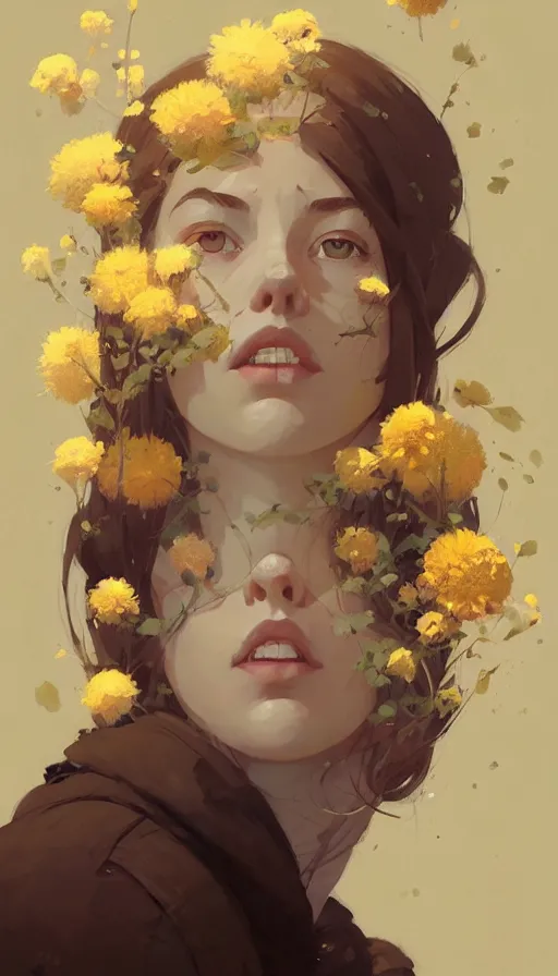 Image similar to cottagecore hyper - realistic portrait of a woman, flowers, by atey ghailan, by greg rutkowski, by greg tocchini, by james gilleard, by joe fenton, by kaethe butcher, dynamic lighting, gradient light yellow, brown, blonde cream and white color scheme, grunge aesthetic