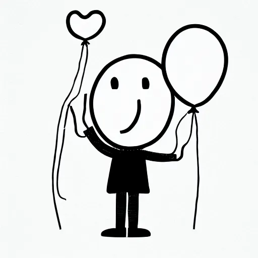 Image similar to book illustration of a balloon character holding a floating human by a string, book illustration, monochromatic, white background, black and white image