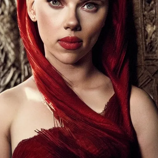 Image similar to scarlett johansson modeling as melisandre from game of thrones, photograph