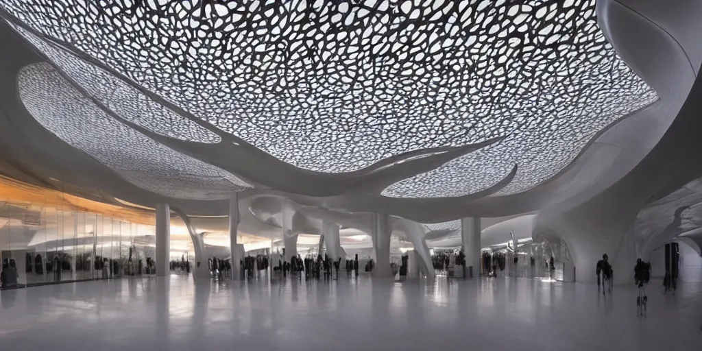 Prompt: extremely detailed ornate stunning sophisticated beautiful elegant futuristic museum lobby interior by Zaha Hadid, stunning volumetric light, stainless steal, concrete, translucent material, beautiful sunset, tail lights