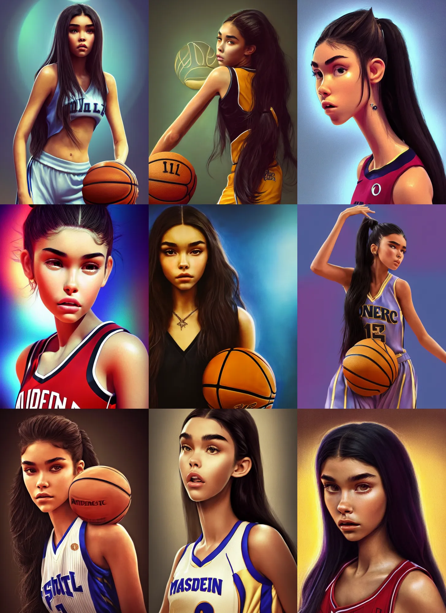 Prompt: madison beer as a basketball player | jewelry | glamorous oily soft polished rich raunchy ornate modern | weta disney pixar movie still photo | hi - fructose, sci fi fantasy, golden ratio, smooth, octane render, sharp focus, artstation, concept art | beeple, rhads, rutkowski, artgerm, mucha, wlop, loish |