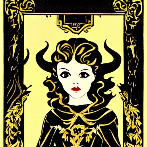 Prompt: a devil little girl, black and gold, art nouveau style