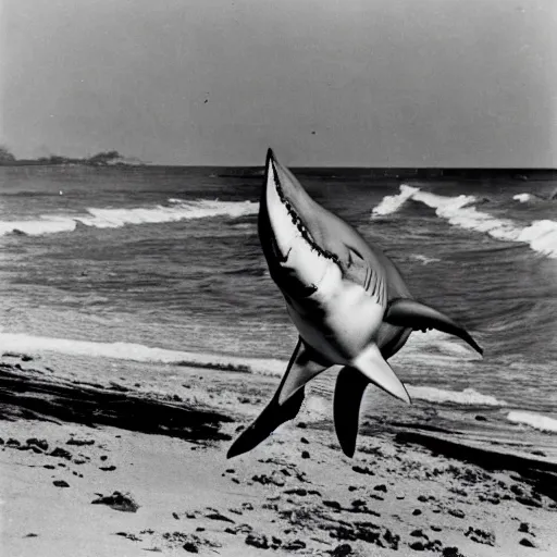 Image similar to a 1 9 2 8 photograph of a shark with human legs walking on the beach