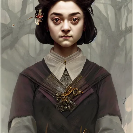 Image similar to portrait of an Hello Kitty Arya Stark hybrid, D&D, fantasy, intricate, elegant, highly detailed, digital painting, artstation, concept art, smooth, sharp focus, illustration, art by artgerm and greg rutkowski and alphonse mucha