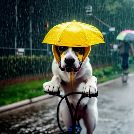 Image similar to a dog with a yellow hat riding a bike while raining