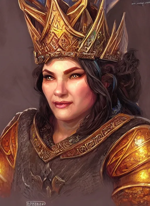 Image similar to dwarven queen wearing a crown, ultra detailed fantasy, dndbeyond, bright, colourful, realistic, dnd character portrait, full body, pathfinder, pinterest, art by ralph horsley, dnd, rpg, lotr game design fanart by concept art, behance hd, artstation, deviantart, hdr render in unreal engine 5