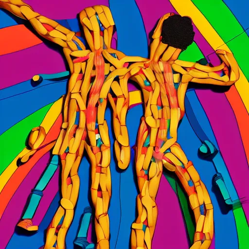 Image similar to of two rappers on stage as a concert, bodies made of colorful elastic bands, very detailed, in the style of anime art, album cover art, trending on art station,