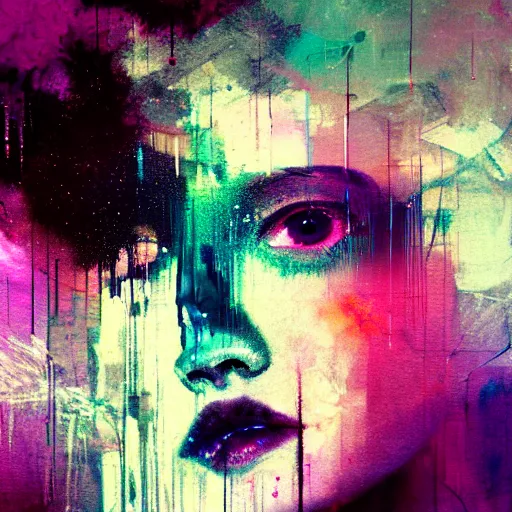 Prompt: glitchart of a young woman lucid dreaming in cyberspace photoreal, atmospheric by jeremy mann francis bacon and agnes cecile, ink drips paint smears digital glitches