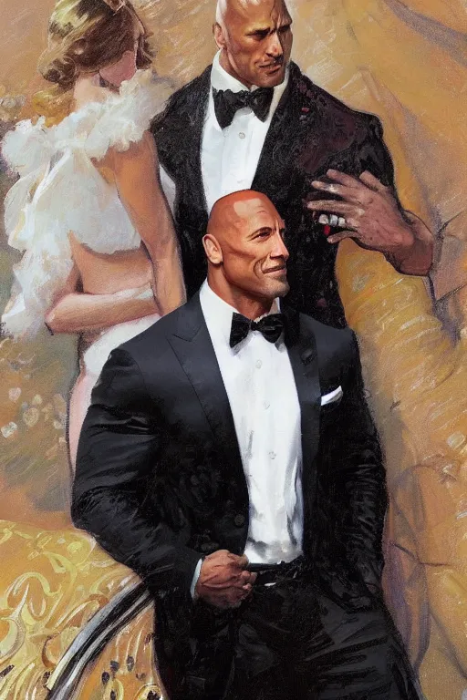 Prompt: elegant romantic portrait photo of dwayne johnson by greg manchess, mucha, iain mccaig,