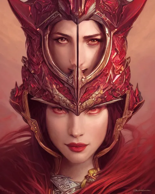 Image similar to Portrait of a Fantasy crimson knight, moonlit, HD, illustration, epic, D&D, fantasy, intricate, elegant, highly detailed, digital painting, artstation, concept art, smooth, sharp focus, illustration, art by artgerm and greg rutkowski and alphonse mucha, monster hunter illustrations art book