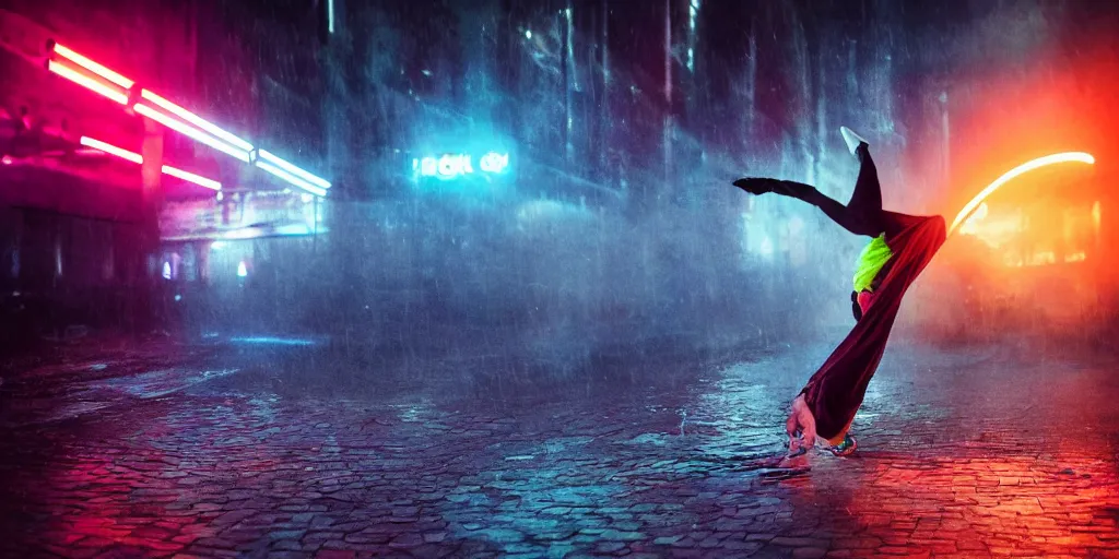 Image similar to fisheye lens slow motion with trail effect of beautiful break dancer wearing floating long dress with neon lights, long exposure shot , at night in the middle of a rainy wet street, paddle of water, steam, fog, water splashes, rim lights, glossy reflections, water droplets on lens, octane render, dark and dramatic, fire explosions in the background, detailed and soft, fisheye lens, smooth, sharp focus, illustration, art by artgerm and greg rutkowski and Annie Leibovitz, graphic glitches