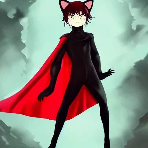 Image similar to little boy with cat ears in an black latex suit with red cape. digital artwork made by lois van baarle and kentaro miura, sharpness focus, inspired by hirohiko araki, anatomically correct, heroic composition, hero pose, mobile wallpaper