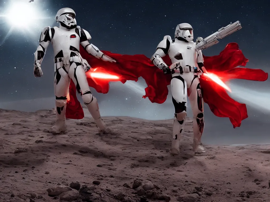 Image similar to gigachad space trooper in glossy sleek white armor with small red details, no helmet, red cape, heroic posture, firing laser rifle, on the surface of mars, explosions in the background, night time, dramatic lighting, cinematic, sci-fi, hyperrealistic, movie still