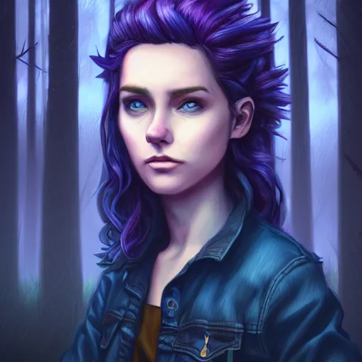 Prompt: an insanely detailed realistic depiction of beautiful abigail from stardew valley standing in the rainy forest wearing black shirt under blue denim jacket, purple hair, pretty blue eyes, in the style of peter mohrbacher, artgerm, dramatic lighting and composition, octane render, trending on artstation, concept art 8 k