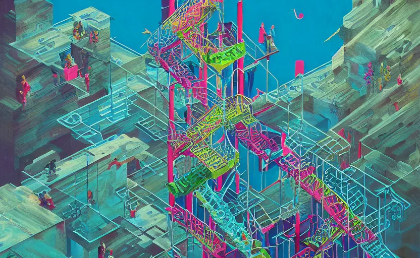 Image similar to chutes and ladders. detailed abstract acrylic painting by beeple, edited by mc escher, detailed by raqib shaw, popsurrealism,