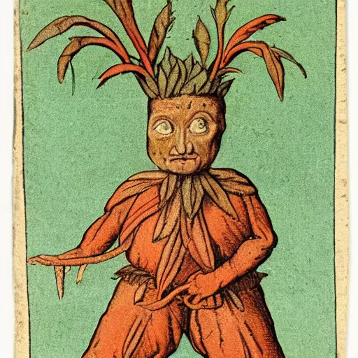 Image similar to cute colourful humanoid mandrake, from medieval herbarium, highly detailed, sharp focus, white tracing, sticker,