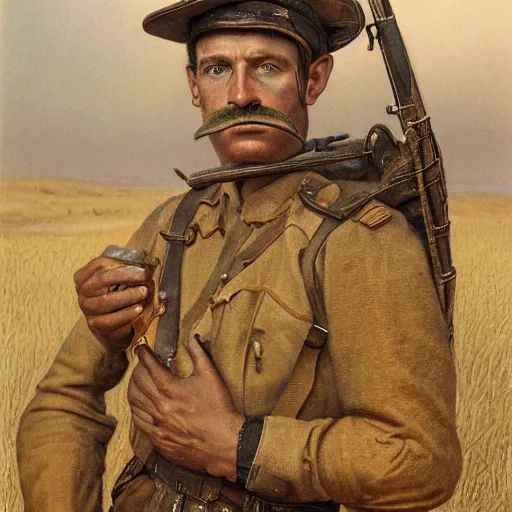 Image similar to a detailed photorealistic sepia - toned color portrait painting of a 1 9 1 7 worried clean - shaven british lieutenant in field gear in north arabia, ultra realistic, intricate details, atmospheric, dark, brooding, highly detailed, by clyde caldwell